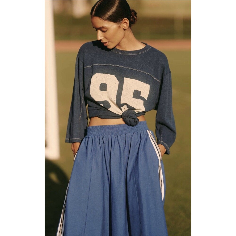 Anthropologie Daily Practice Midi Skirt Blue Game Day Track Preppy Size XS NWT